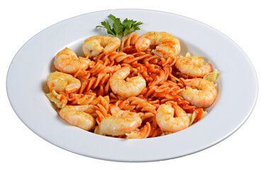 Fusilli with shrimp and tomato sauce in white plate isolated on transparent background.
