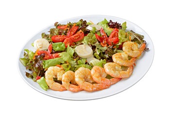 Shrimp in garlic and oil with green salad with hearts of palm and cherry tomatoes on a white plate isolated on a transparent background.