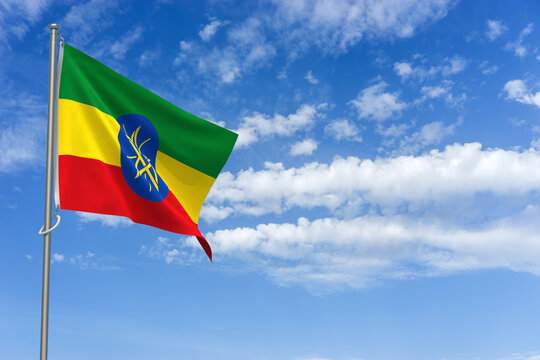 Federal Democratic Republic of Ethiopia Flag Over Blue Sky Background. 3D Illustration