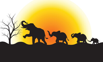 silhouette of elephant family in desert