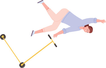 Woman falling down from kick scooter. Street accident