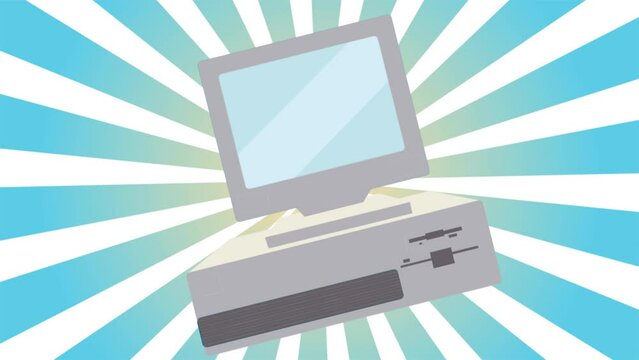 Retro personal computer, pc old vintage hipster for geeks from 70s, 80s, 90s on blue rays background. Video in high quality 4k, motion design