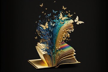 Fototapeta  an open book with butterflies flying out of it on a black background with a black background and a gold bookmark in the middle of the open book is a rainbow - colored book with. obraz