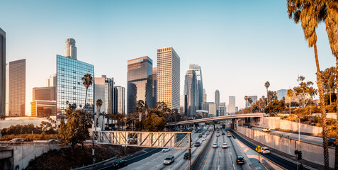 the skyline of los angeles during sunrise