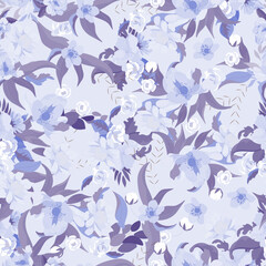 Full seamless floral pattern. Fabric print vector hibiscus blossom background. Watercolor abstract design, graceful blue flower leaves. Stylish trendy textile.