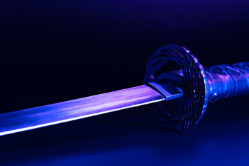 Katana, samurai sword weapon in neon light.