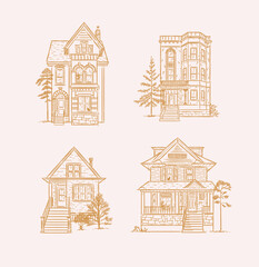 Victorian houses drawing in old fashioned vintage style on beige background.