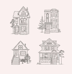 Victorian houses drawing in old fashioned vintage style on light background. - 558469932
