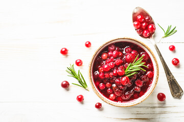 Cranberry sauce in a bowl top view.