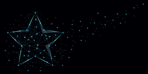 Fototapeta na wymiar Blue polygonal star on black, space technology background, low poly shiny stars, copy space