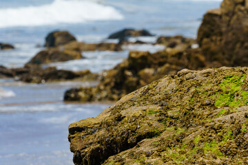 El Matador Beach along the East Pacific Coast Highway in Malibu California. The beach is a collection cliff-foot beaches and bluff top view of the eroding formations, sea stacks, caves and arches. 