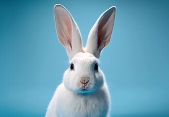 Front view portrait of white cute baby rabbit standing on blue background. Lovely action of young rabbit. Generative AI