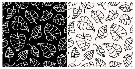 Set of abstract leaves seamless repeat pattern. Random placed, vector botanical all over surface print on black and white background.