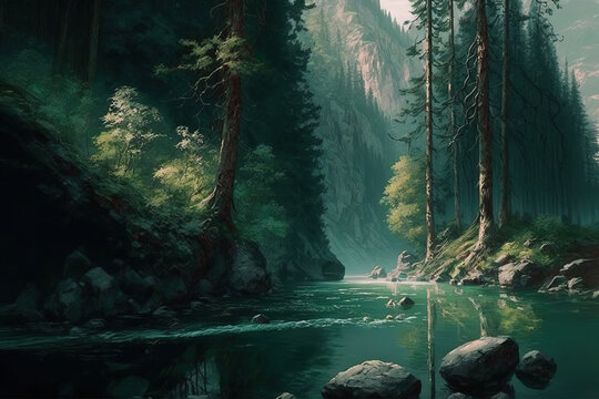 a body of water that is in the middle of a forest, deep wilderness, rivers, trees, clouds, fantasy, art illustration