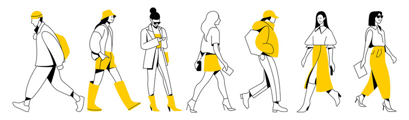 vector set. group of different minimalistic linear people with bright yellow accents in trendy flat design style. useful for web, graphic design, print, mobile applications, flyers, brochures, banners