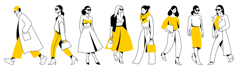 vector set. group of different minimalistic linear people with bright yellow accents in trendy flat design style. useful for web, graphic design, print, mobile applications, flyers, brochures, banners