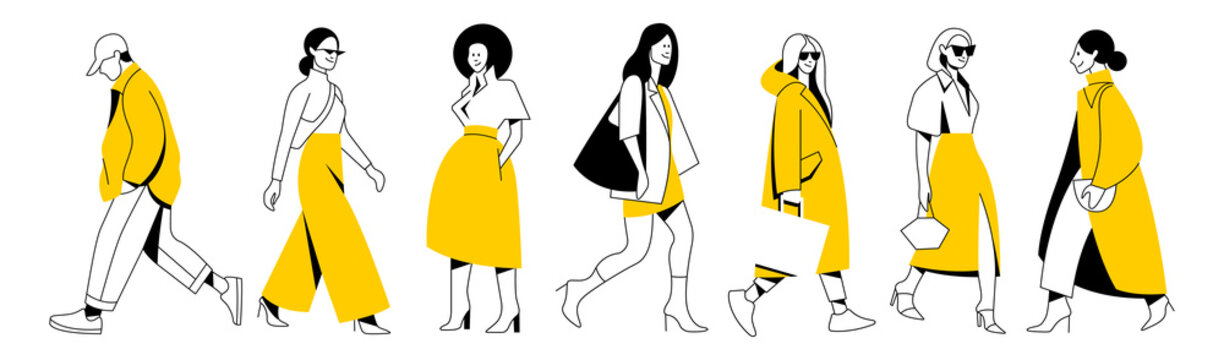 vector set. group of different minimalistic linear people with bright yellow accents in trendy flat design style. useful for web, graphic design, print, mobile applications, flyers, brochures, banners