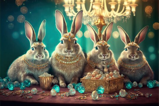  a group of three rabbits sitting next to each other on a table with eggs in a basket and a chandelier hanging from the ceiling behind them, with a chandelier in the background.