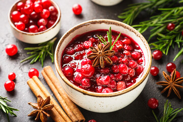 Cranberry sauce in a bowl top view.
