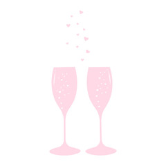 Two pink champagne glasses with hearts and splashes.