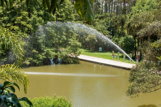 Chafariz, floresta e lago no Sesc Interlagos, Zona Sul de S&atilde;o Paulo, Brasil. 