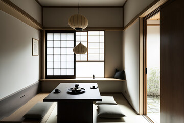 Specifically in Japanese style, the interior design features a modern living area and eating area with a table, a wood floor and tatami mat, and a traditional japanese door. Generative AI