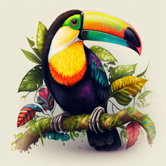 Tropical summer toucan bird with jungle leaves. Generative ai