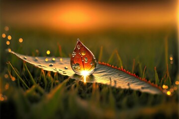 Fototapeta  a water droplet sitting on top of a leaf in a field of grass with the sun setting behind it and reflecting off the leaf's surface in the water droplets on the grass. obraz