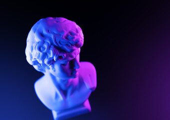 Night life concept with small David's sculpture in neon lights. Copy space.