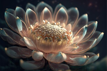  a pink flower with a lot of water droplets on it's petals and petals are all around the center of the flower, with a dark background of blue and white petals with gold highlights. Generative AI