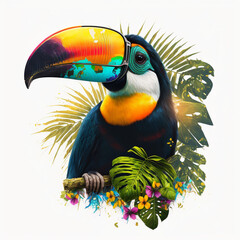 Tropical summer toucan bird with jungle leaves. Generative ai