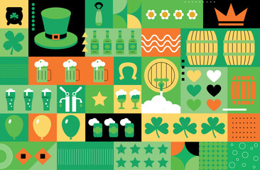 Collection of St. Patrick's Day holiday symbols. Set of Irish elements. Shamrock, green clover, pot of gold, beer mug, hat vector illustration