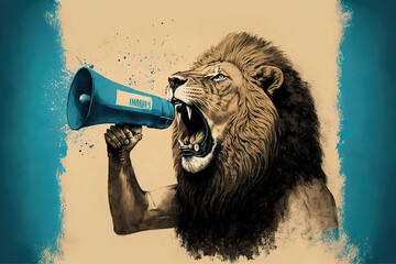 Illustration eines Löwen der in ein Megaphon brüllt als Ankündigung - obrazy, fototapety, plakaty