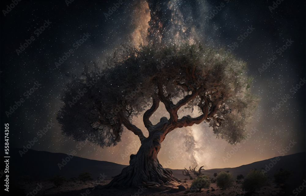 Sticker silhouette of olive tree against night sky with milky way galaxy. designed using generative ai.