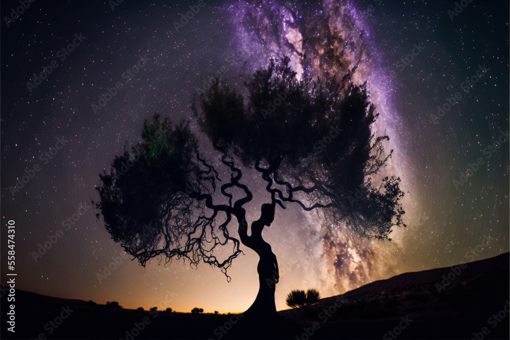 Wall mural silhouette of olive tree against night sky with milky way galaxy. designed using generative ai.