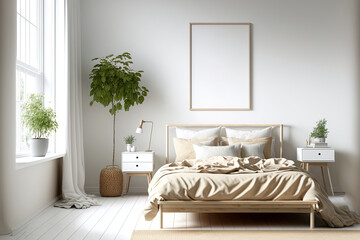 Scandinavian style bedroom mockup with natural wood furniture and a beige color scheme. Generative AI