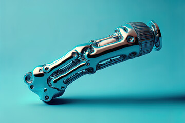disabled people's prosthetic arm in closeup, isolated on a blue background. Generative AI