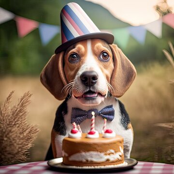 A beagle having a birthday party, dog birthday, Generative AI