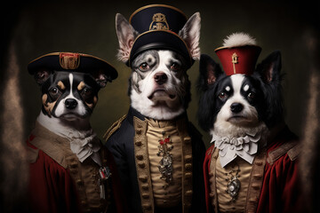 Portrait of a dogs wearing historic military uniform. Pet portrait in clothing. Generative ai