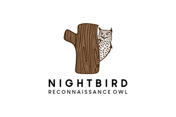 Owl or night bird logo design behind a tree with a creative concept