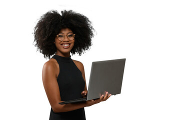 woman holding laptop computer typing on keyboard looking at camera, black woman - obrazy, fototapety, plakaty