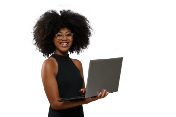 woman holding laptop computer typing on keyboard looking at camera, black woman