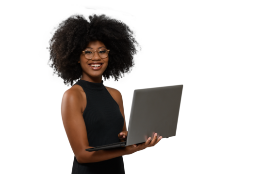 woman holding laptop computer typing on keyboard looking at camera, black woman