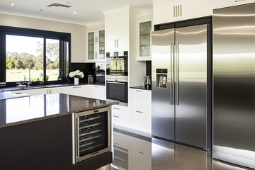 Australian mansion's opulent kitchen features stainless steel appliances. Generative AI