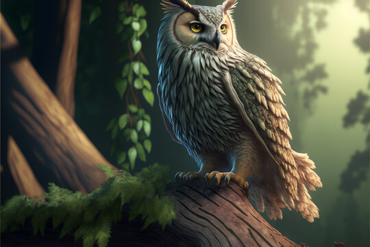 Owl on branch in the forest. Fantasy owls realistic Digital Illustration abstract background.
