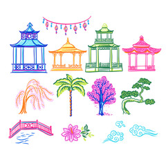 A set with pagodas and trees. Sketch hand drawn illustrations with chinoiserie theme
