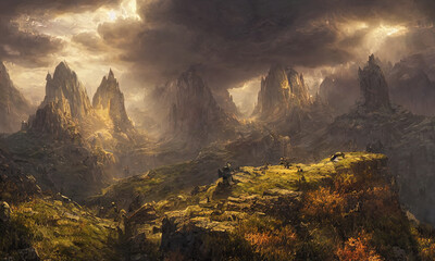 Fototapeta premium fantasy rocky mountain scenery with cloudy sky
