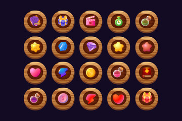 Game buttons of wooden and gold texture cartoon menu interface elements