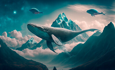 Fantasy whale swims in the sky, AI generation