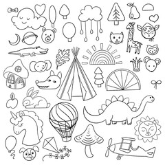 Children nursery theme icons. Vector outline hand drawn illustrations
